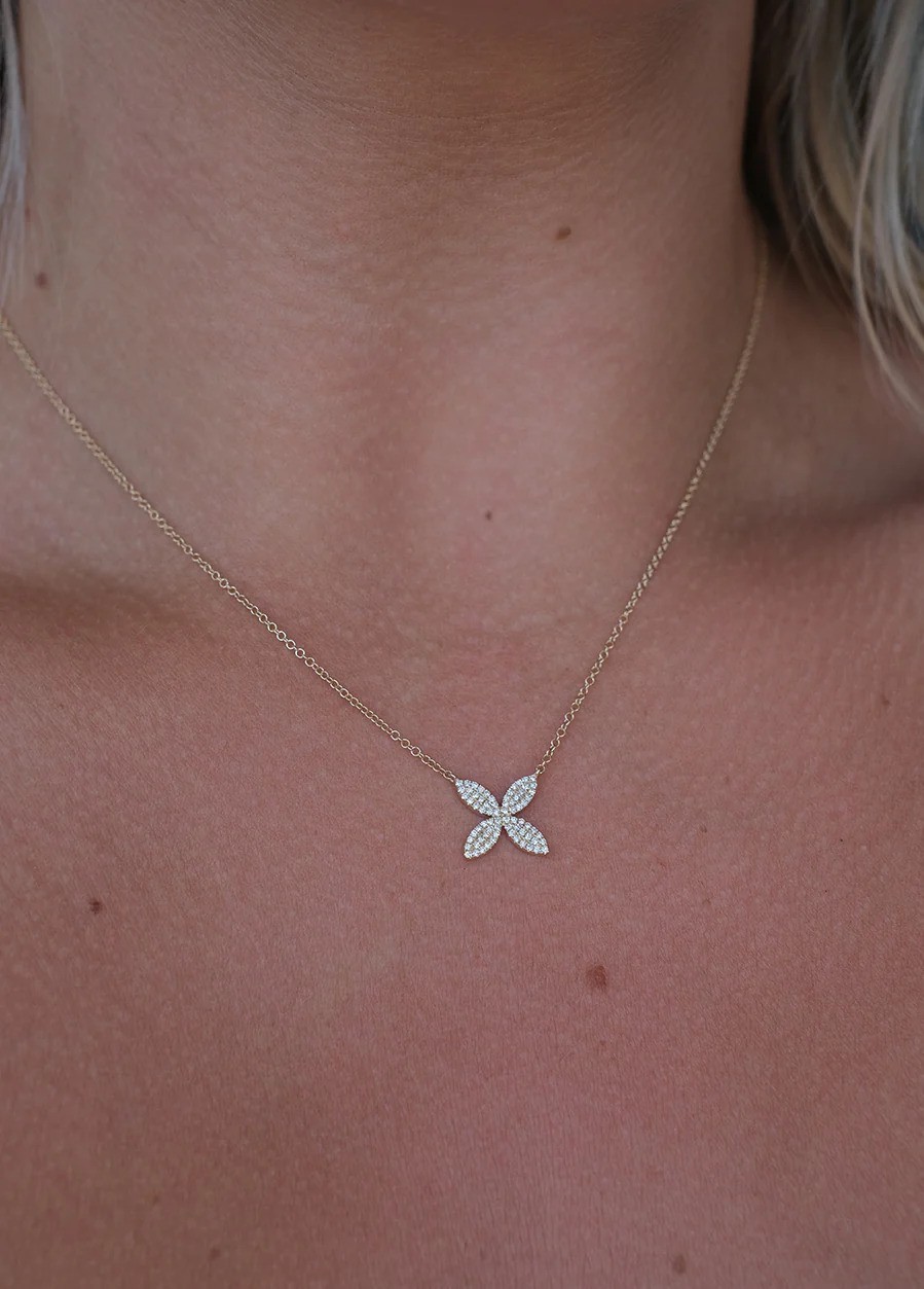 Diamond Floral Necklace 14K Yellow Gold Womens Pendant Charm Handmade Fine Gifts