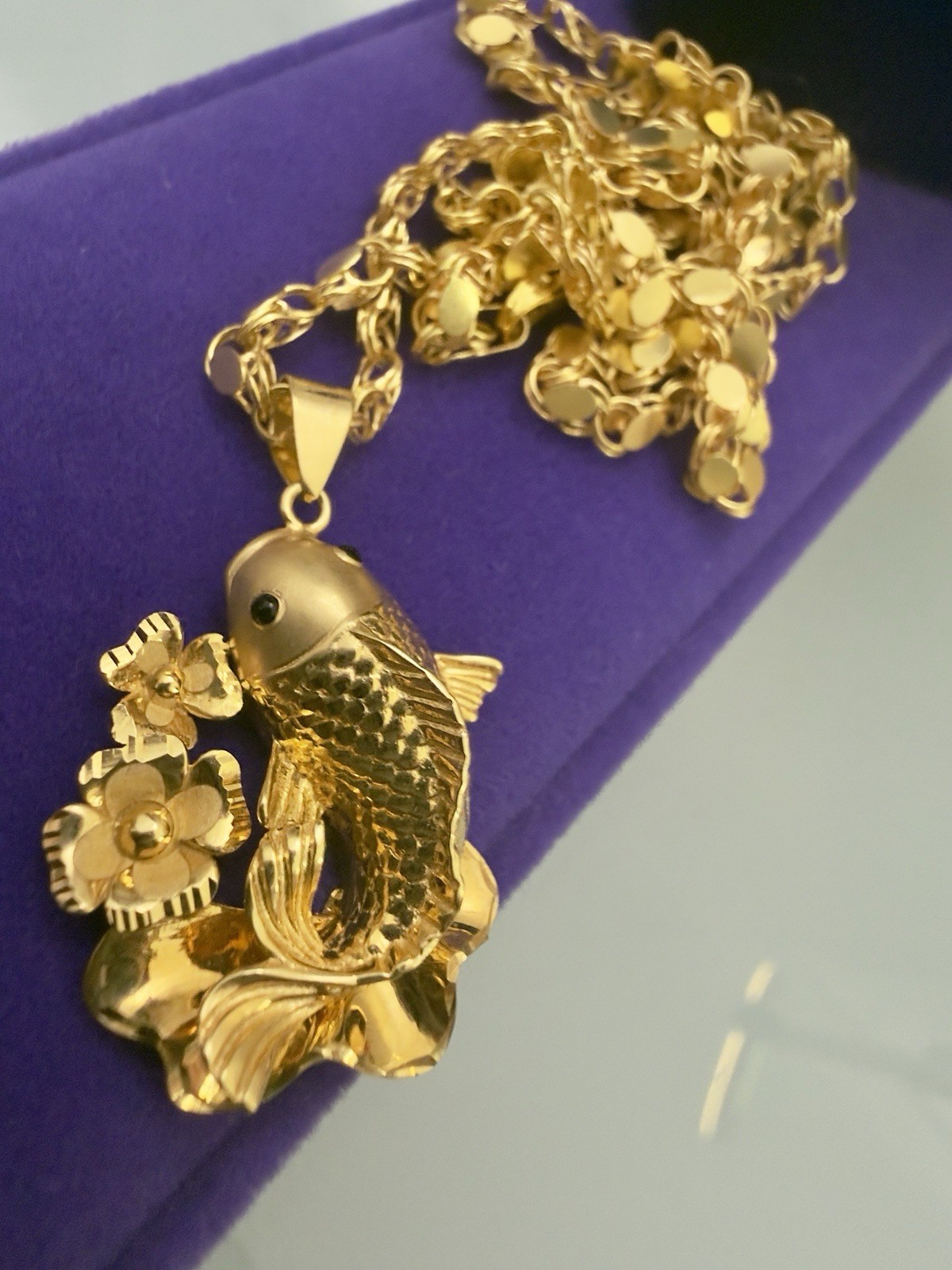 Solid 18k Damascus Yellow Gold Chain 20” Japan Koi Fish Necklace Men Women