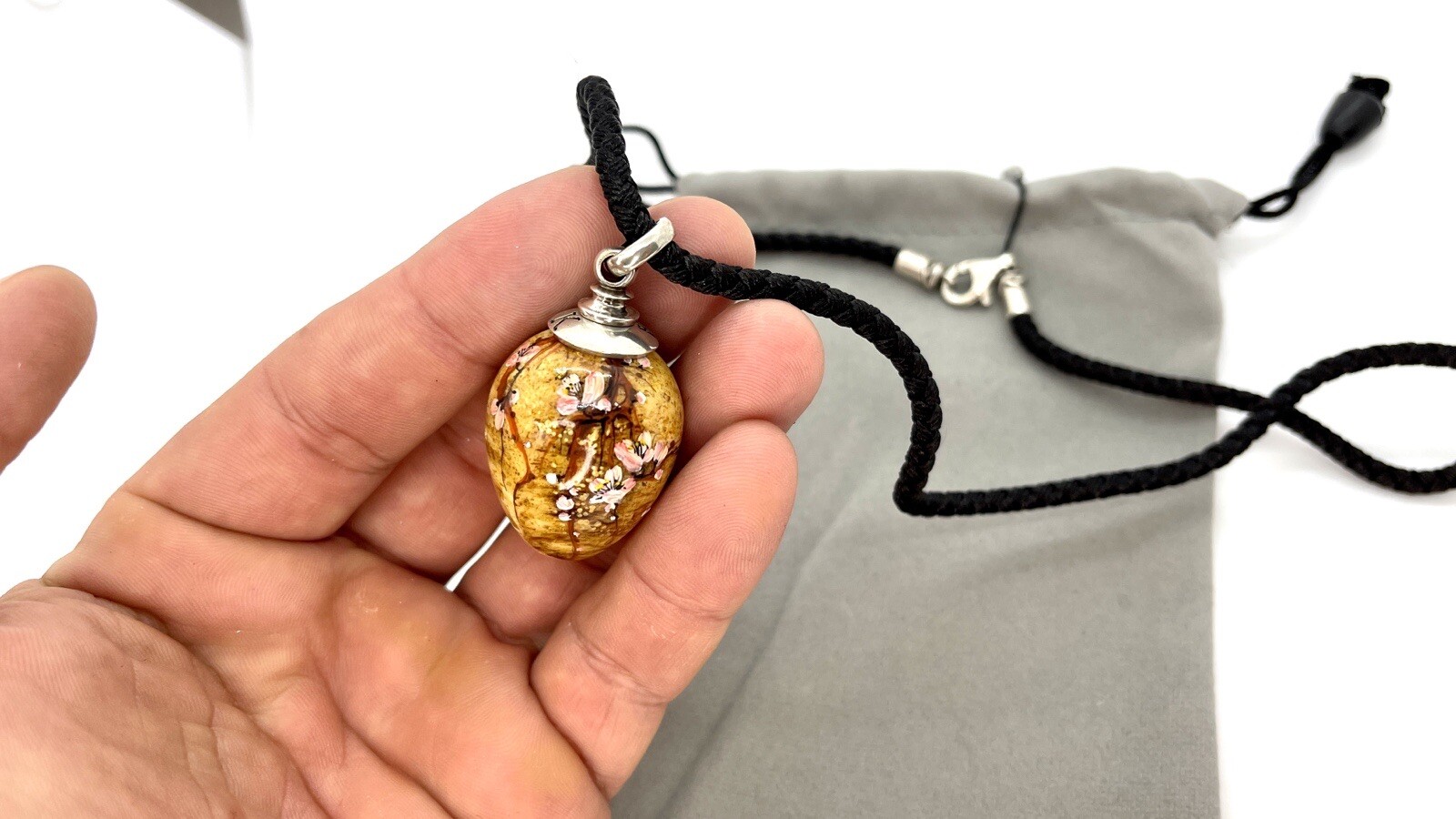 Sakura Tree Flowers Pendant Amber Silk Black Necklace Art Work Handmade Gift Jam