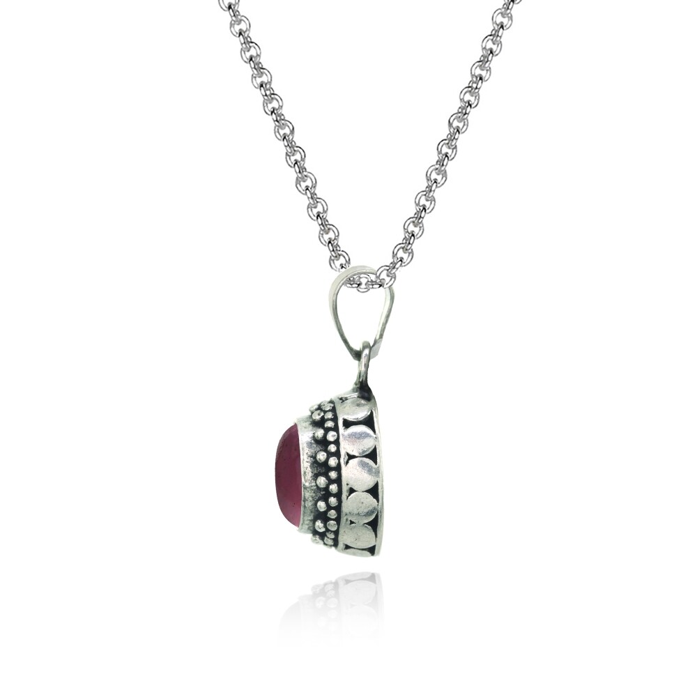 Oval Simulated Cabochon Garnet Thick Oxidized Bali Dainty Necklace in 925 Silver