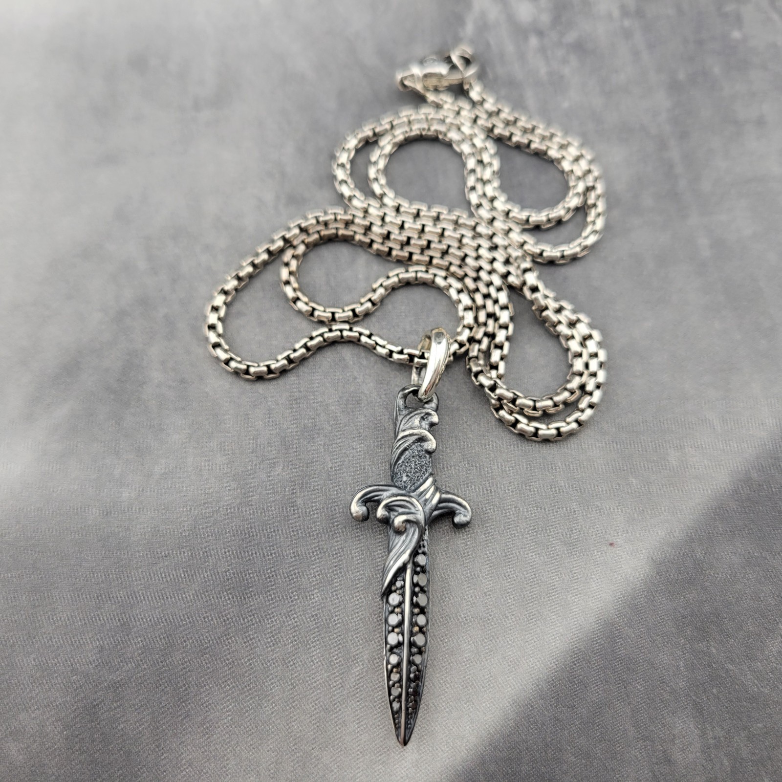 David Yurman Sterling Silver & Black Diamond Wave Dagger Pendant w/ 20 in Chain