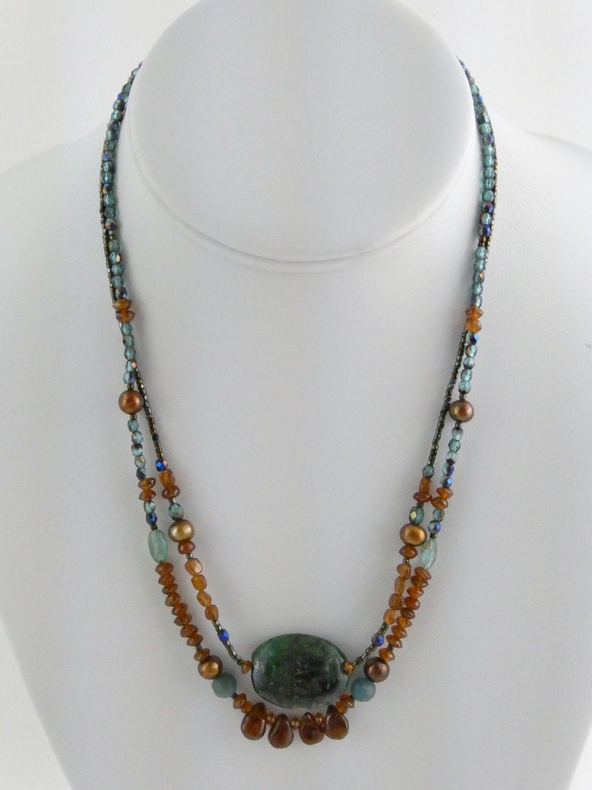 Sterling Silver Amber Chrysocolla Multi Gemstone Two Strand Necklace 17.5 In 19g