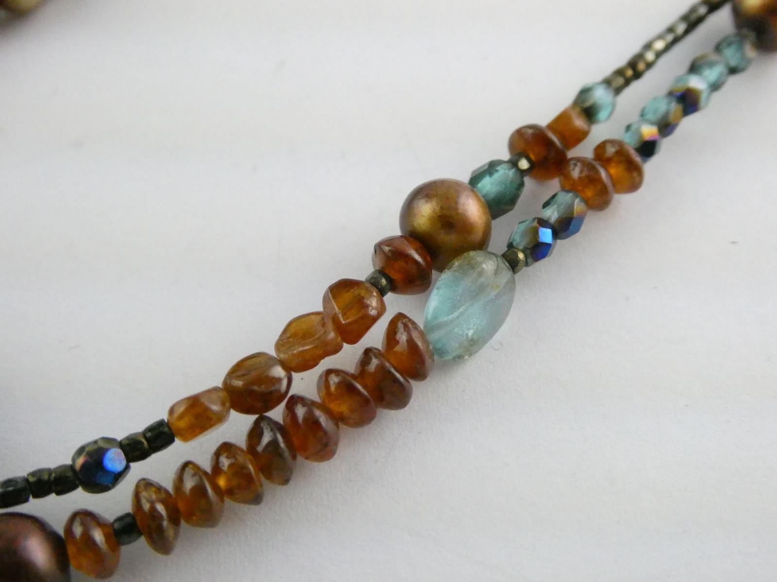 Sterling Silver Amber Chrysocolla Multi Gemstone Two Strand Necklace 17.5 In 19g