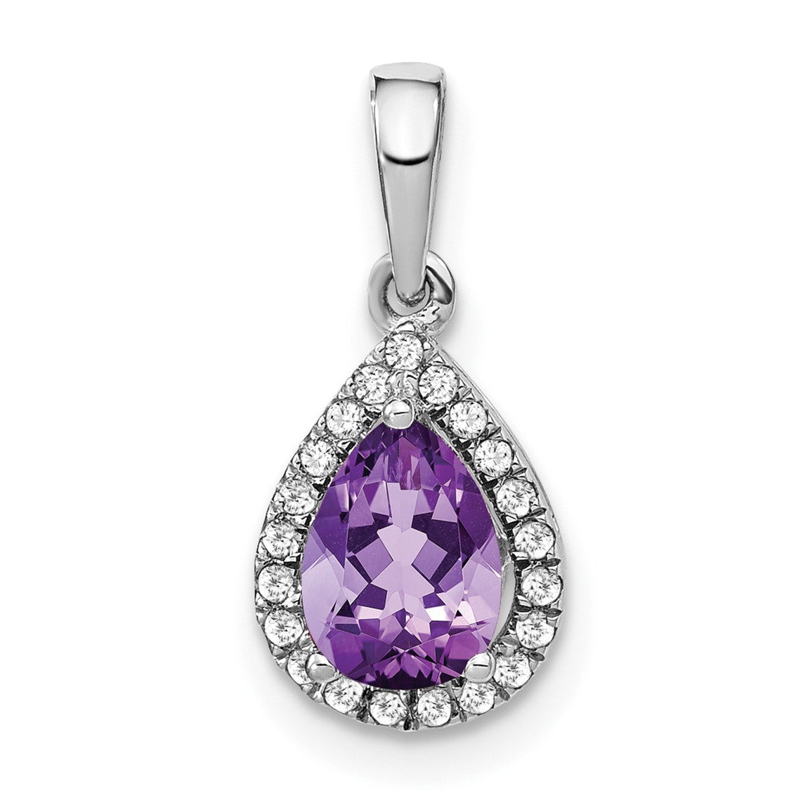 14k White Gold Pear Amethyst and Diamond Halo Pendant