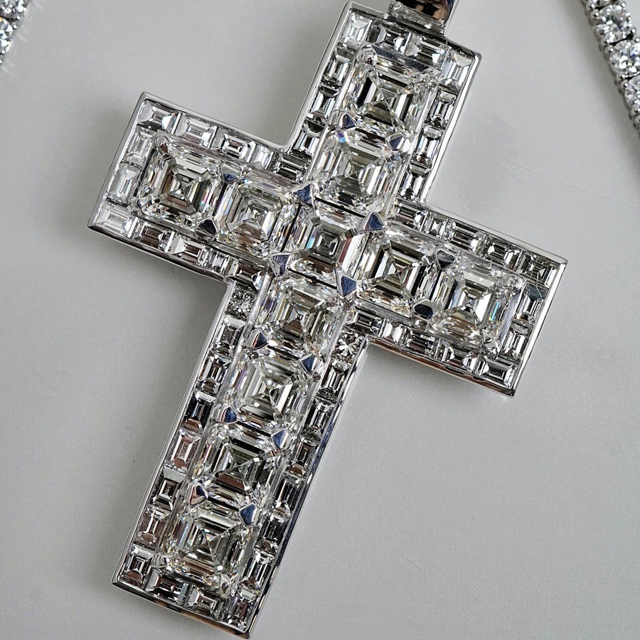 4.15ctw Asscher cut Moissanite Halo Baguette Style Pendant 14K White Gold Plated