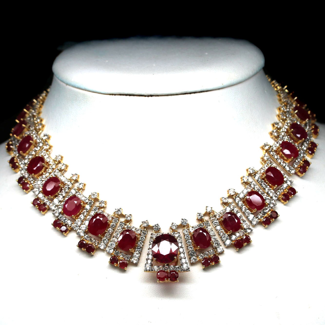 Handmade 925 Silver Red Ruby Zircon Necklace 16.5 in 18K Gold Plated