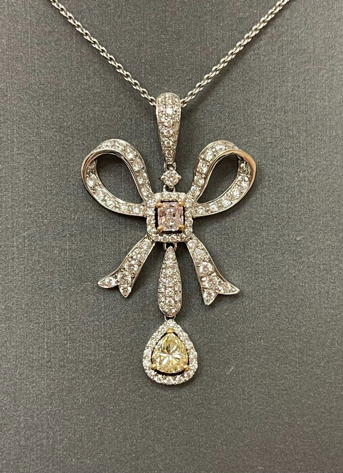 18K Multi-Tone Gold Natural Light Fancy Yellow & Light Pink Diamond Bow Pendant