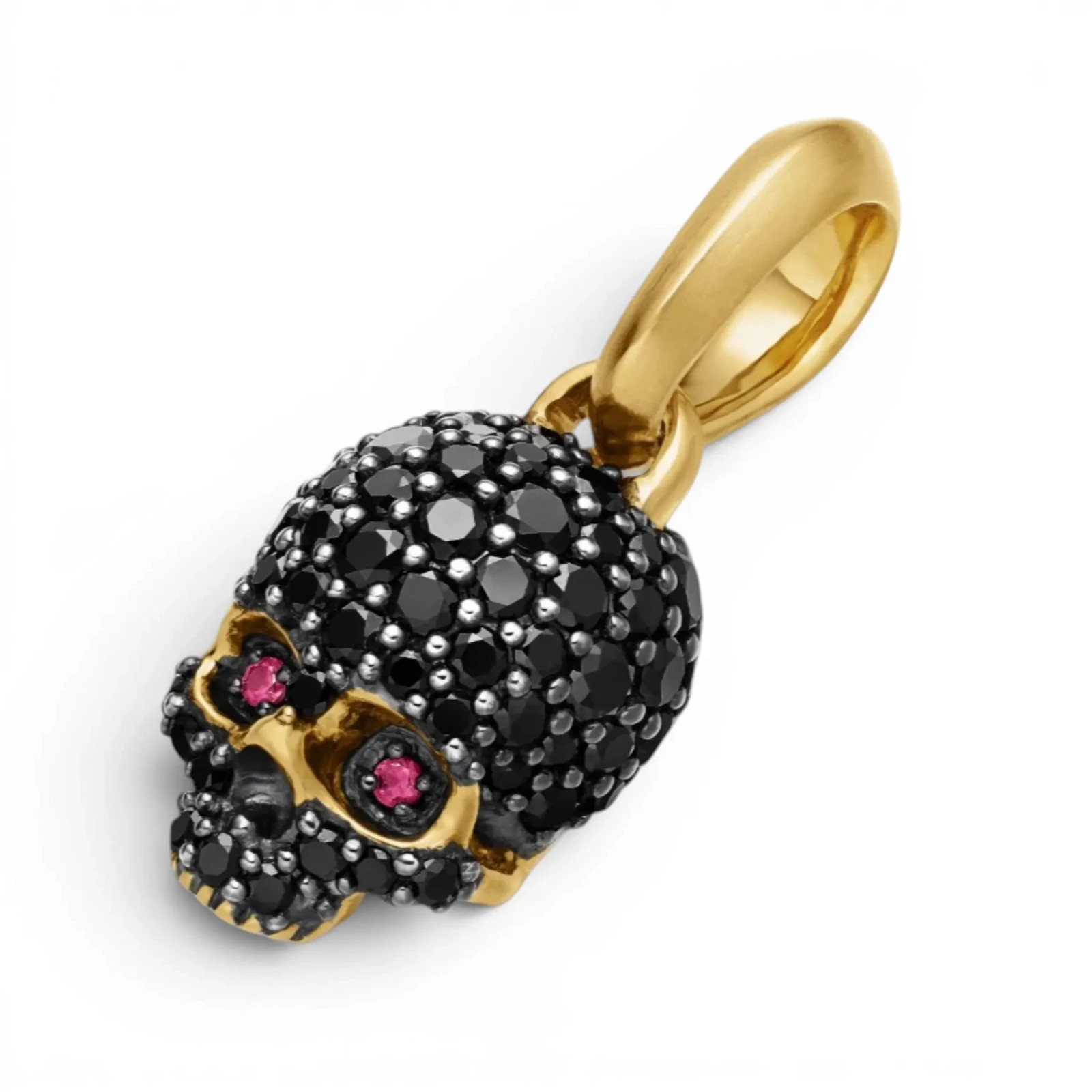 David Yurman Memento Mori Skull Pendant 18K Yellow Gold Black Diamond Pave, Ruby
