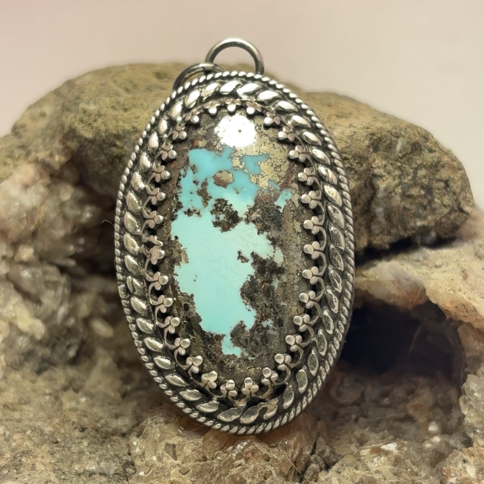 51 Ct Tw Natural Morenci, Arizona Turquoise & Pyrite 925 Sterling Silver Pendant