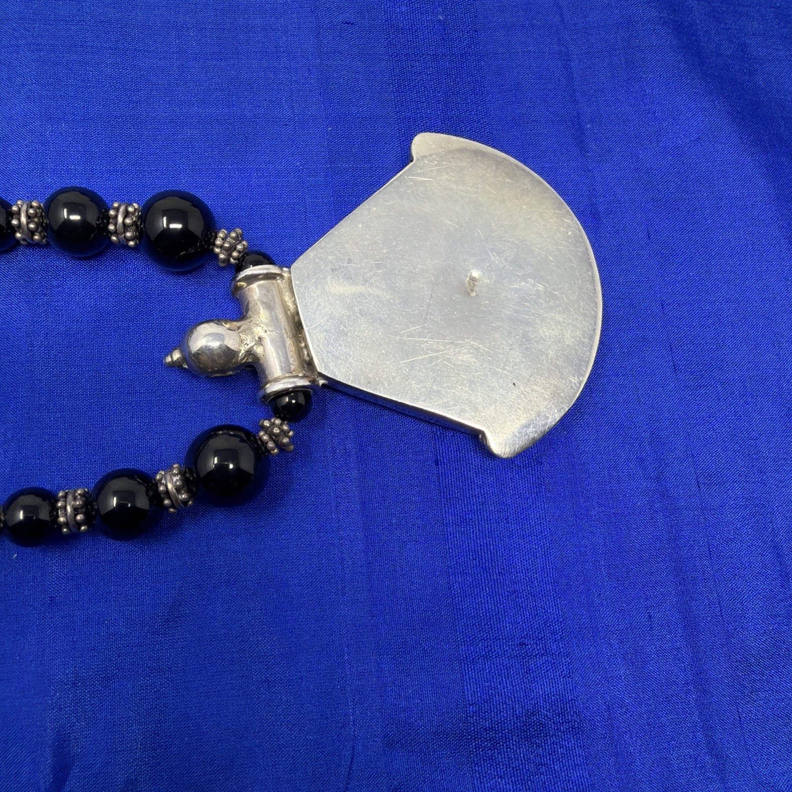 Sterling Silver 925 Black Onyx Beaded Bali Bead Necklace Large Pendant 17” 82.3g