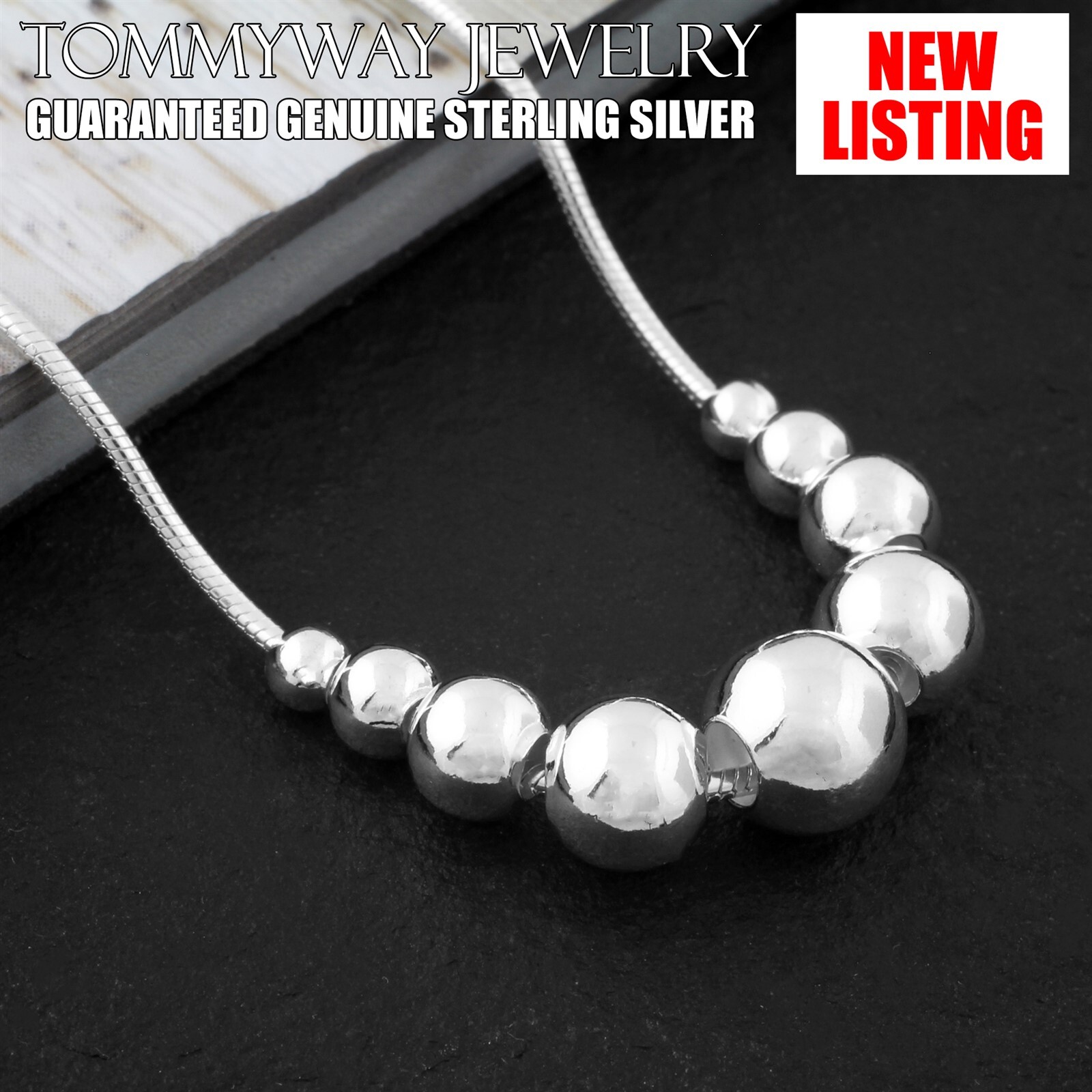 Real 925 Sterling Silver Snake with Graduating Beads Chain Necklace