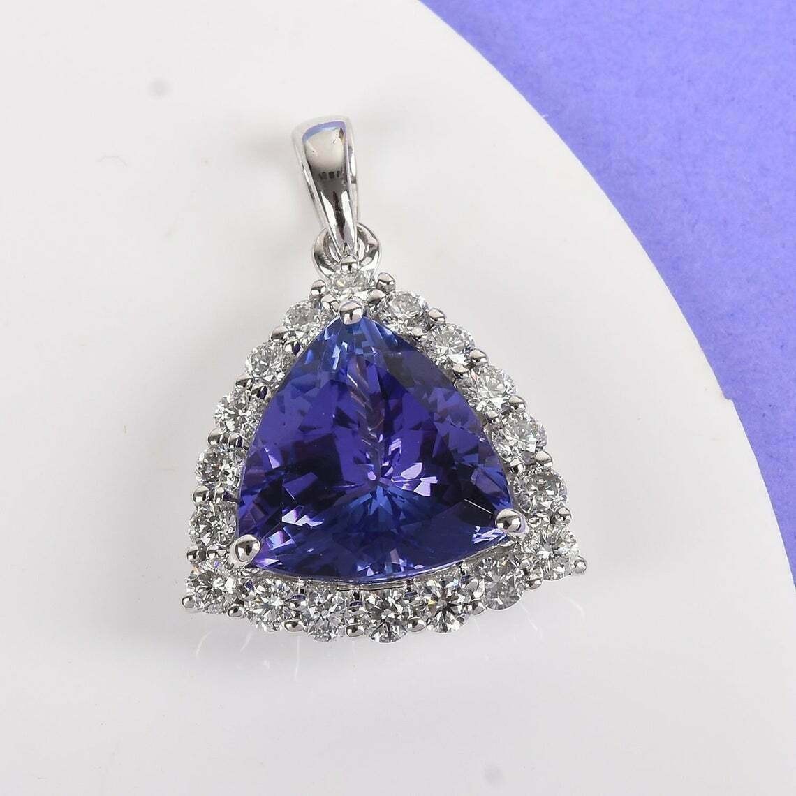 Trillion-Cut Tanzanite Halo Pendant in White Gold Finished For Women