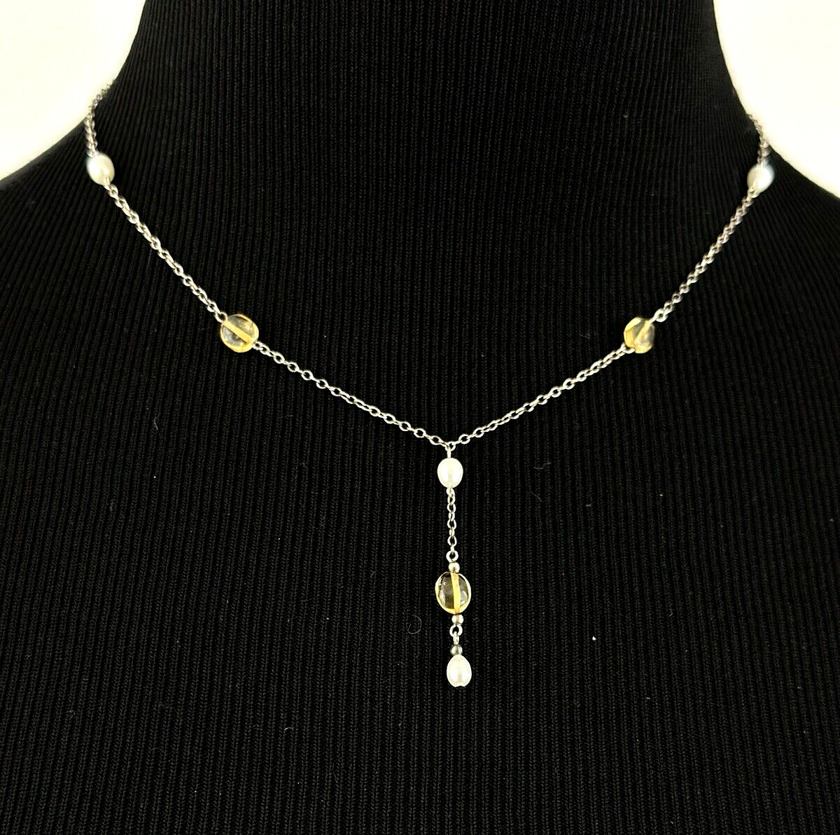 CITRINE station necklace w/ freshwater pearls – sterling silver Y-drop 16.25″