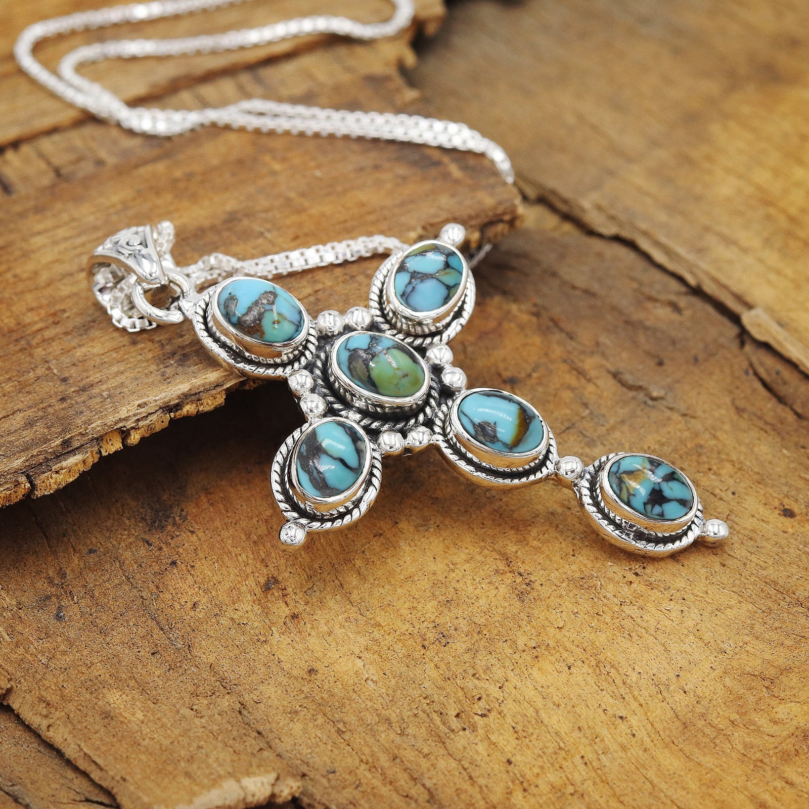 Turquoise Cross Necklace in 925 Sterling Silver with Chain