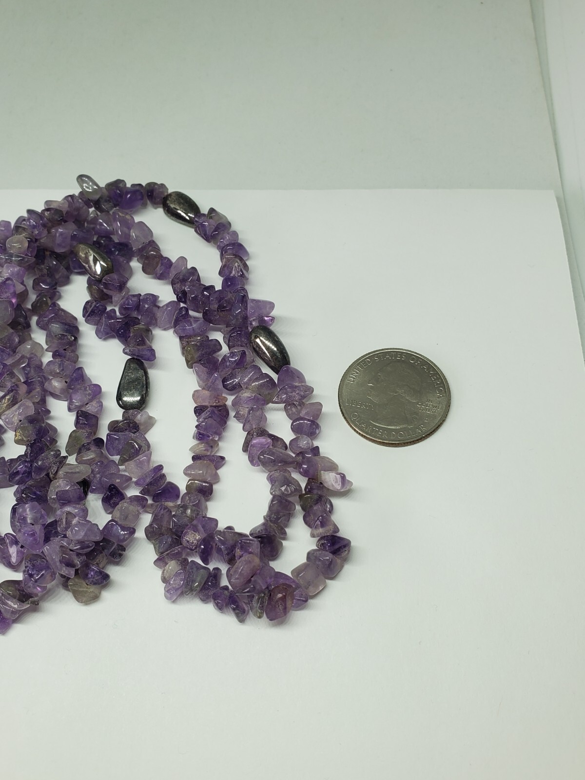 Amethyst Chip Asymmetrical Sterling Silver Long Beaded Necklace 40″
