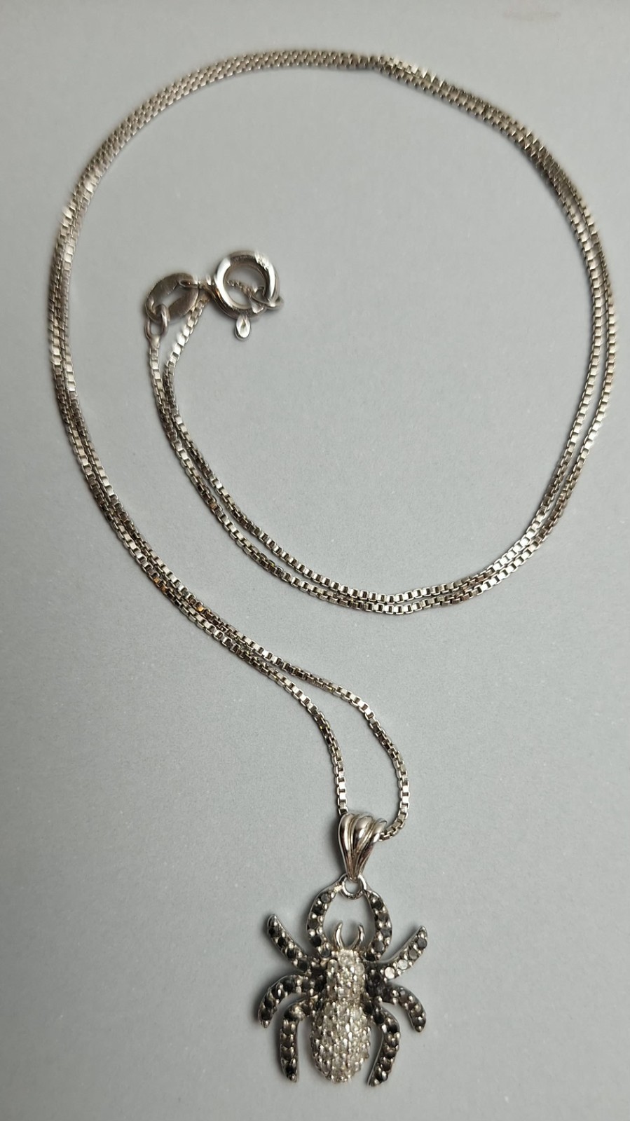 Sterling Silver White, Black Diamond Spider Charm With 18″ Sterling Silver Chain