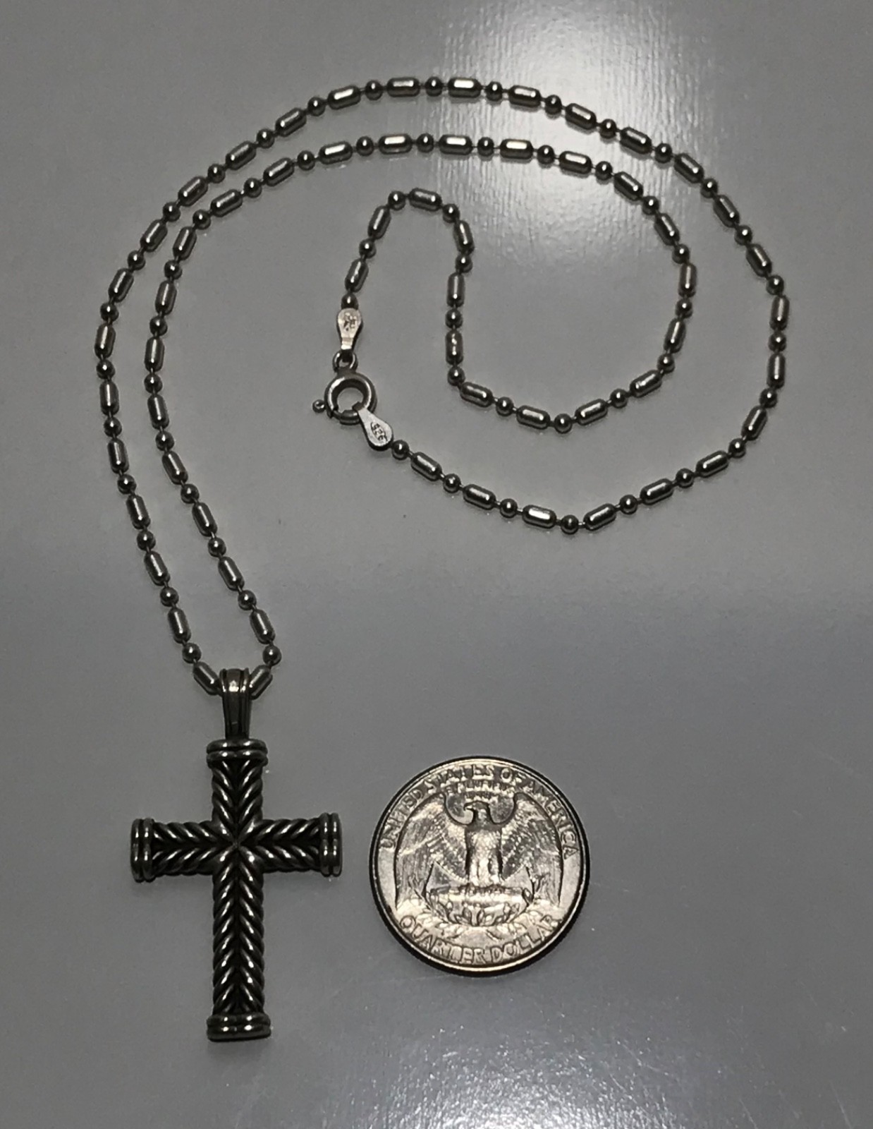 David Yurman Sterling Silver Chevron Cross Pendant & Chain 18”