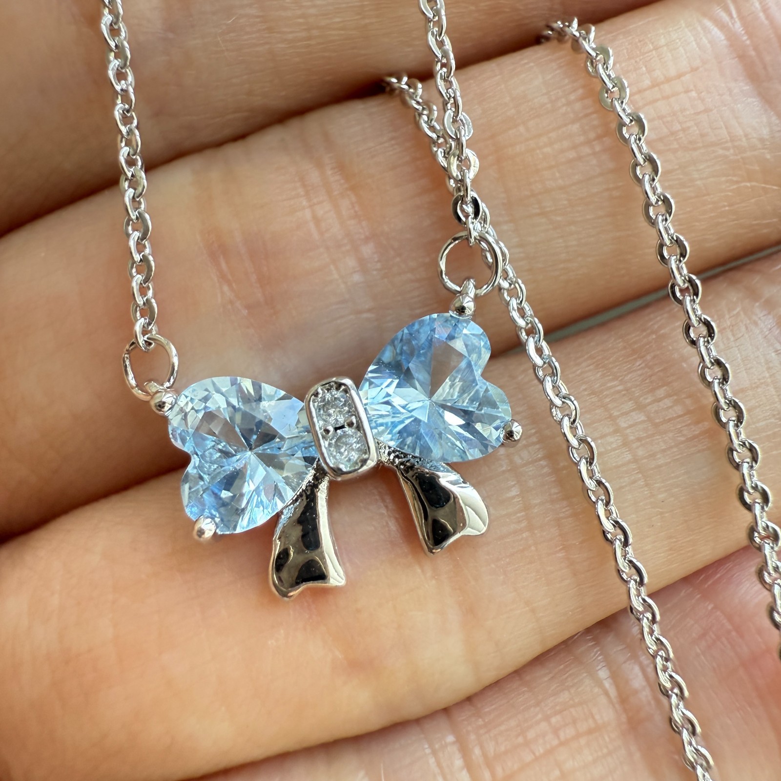 925 Sterling Silver Necklace 6mm Heart Natural Topaz Gemstone Zircon Chain Bow