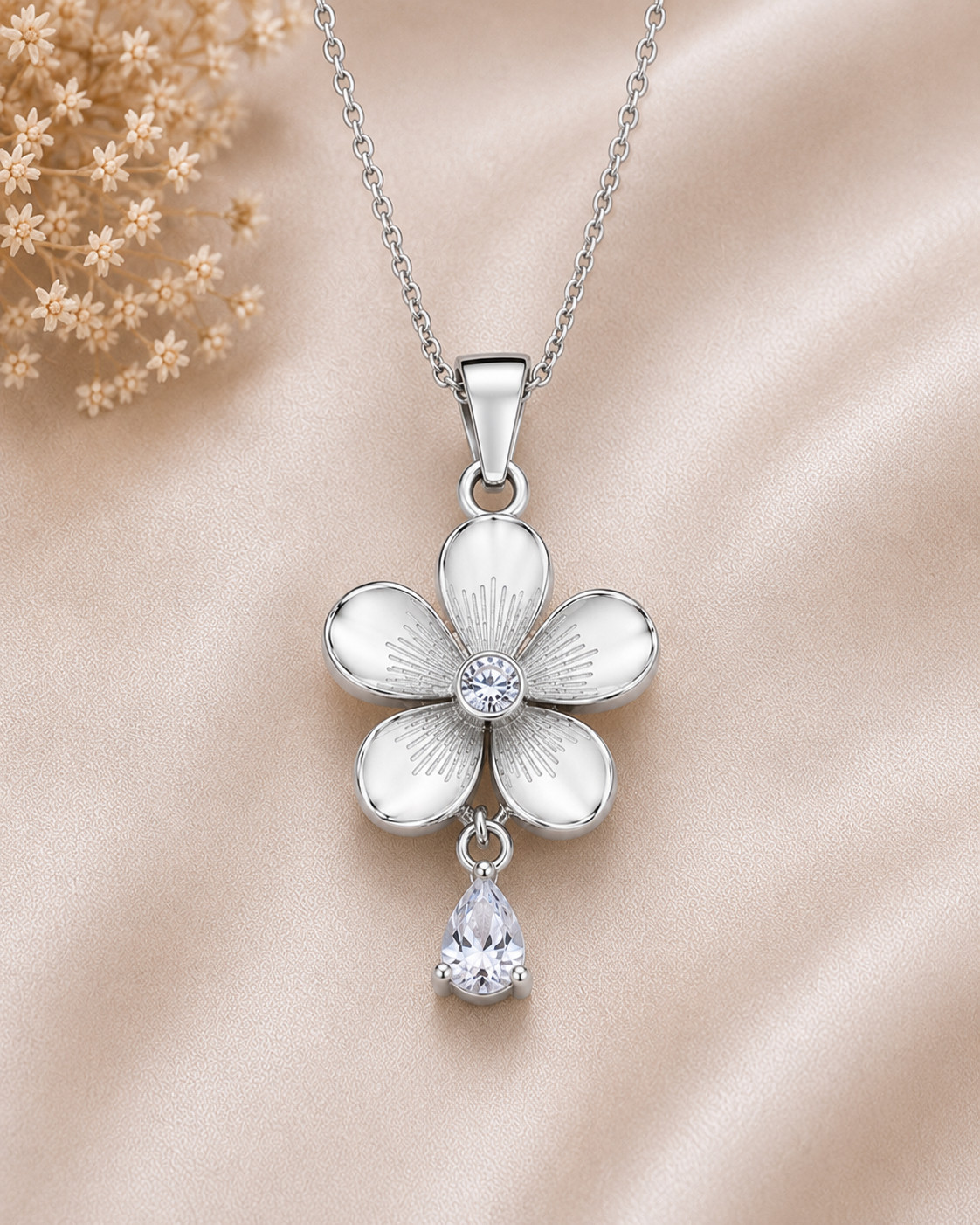 925 Sterling Silver Flower Pendant Necklace Floral CZ Dainty Gift for Her
