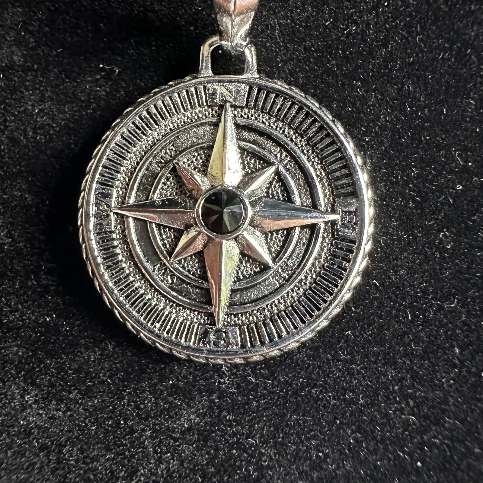 David Maritime Compass Amulet Sterling Silver with Center Black Diamond