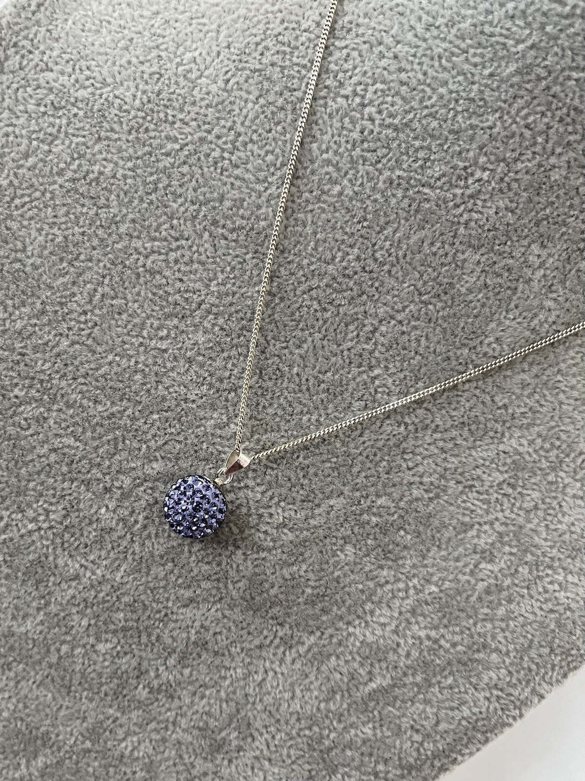 Sterling Silver Purple Crystal Set Ball Pendant On Chain, Very Good Condition