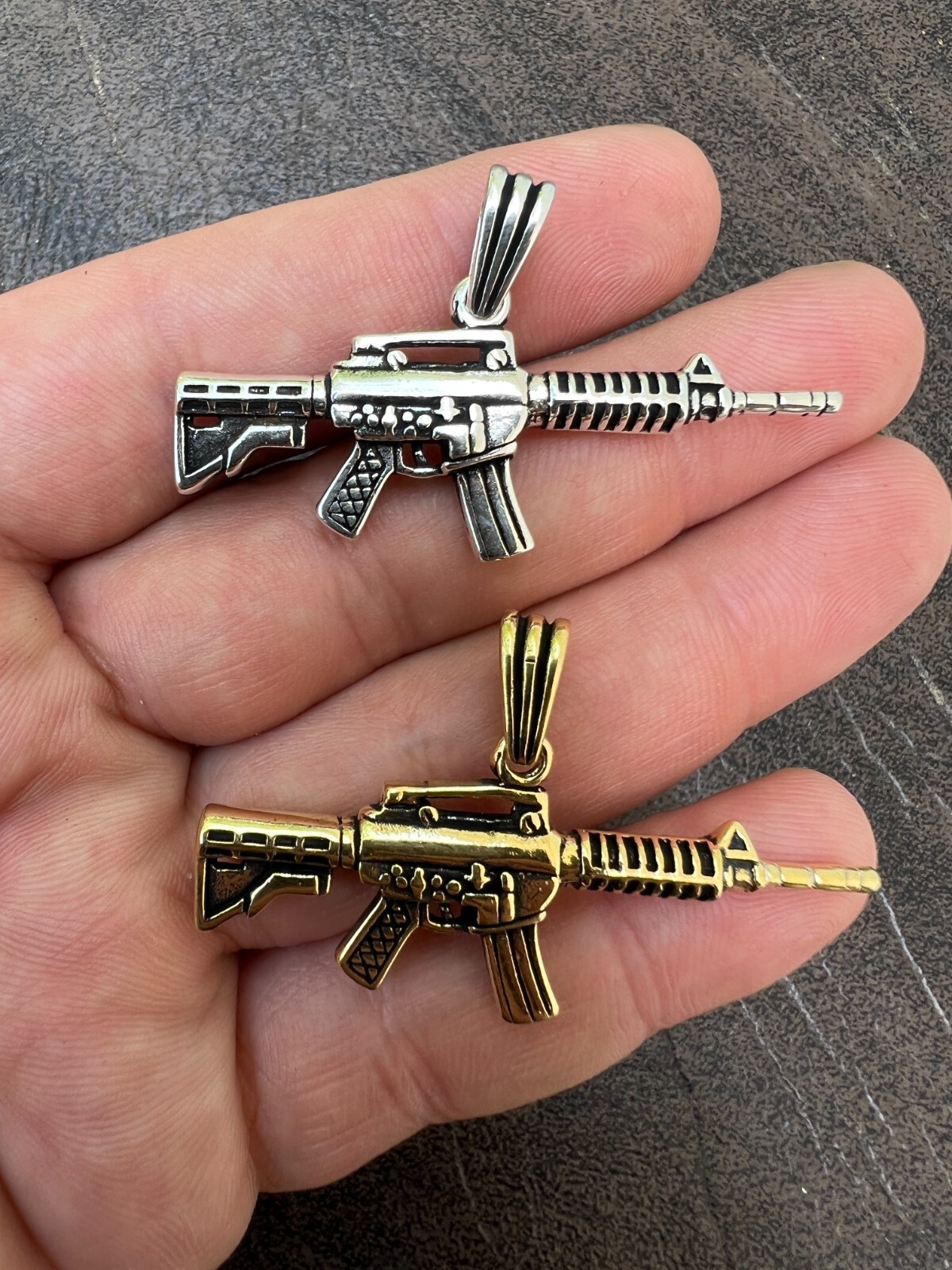 Real 925 Silver / 14k Gold Plated AR Gun Rifle Pendant Necklace Military Charm