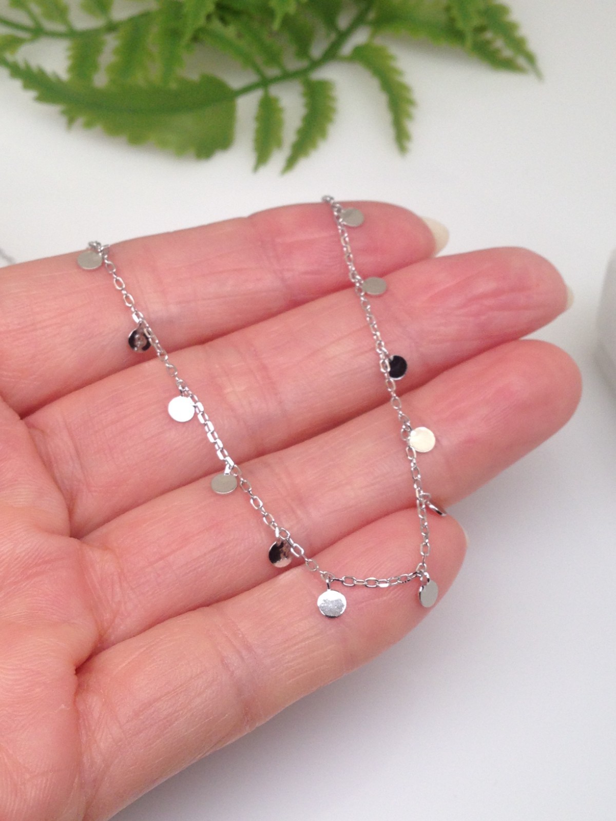 925 Sterling Silver Disc Dangle Charm Choker Necklace Station 2.9mm 12.5-15.5″
