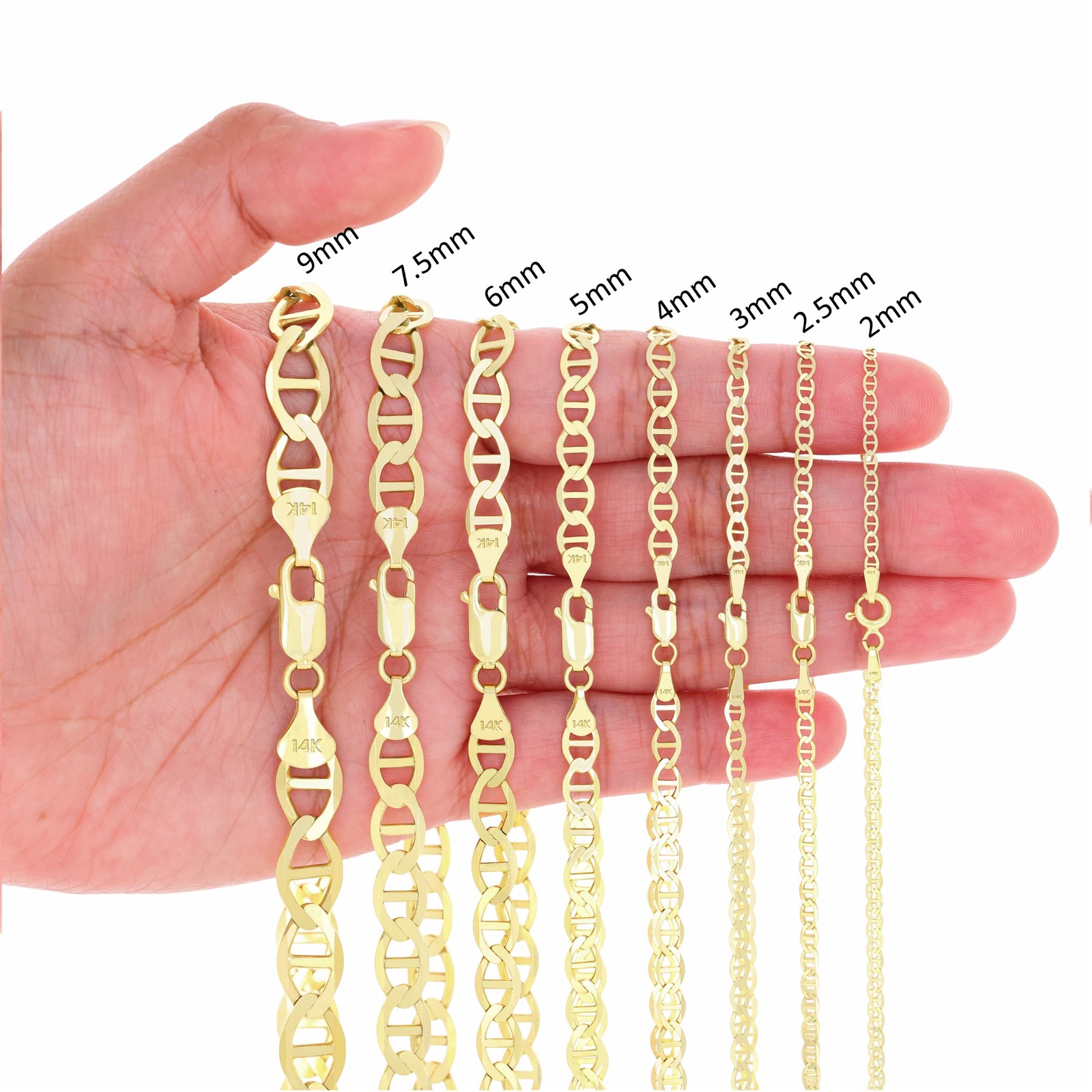 14K Yellow Gold Solid 2mm-7.5mm Mariner Anchor Flat Link Chain Necklace 16″- 30″