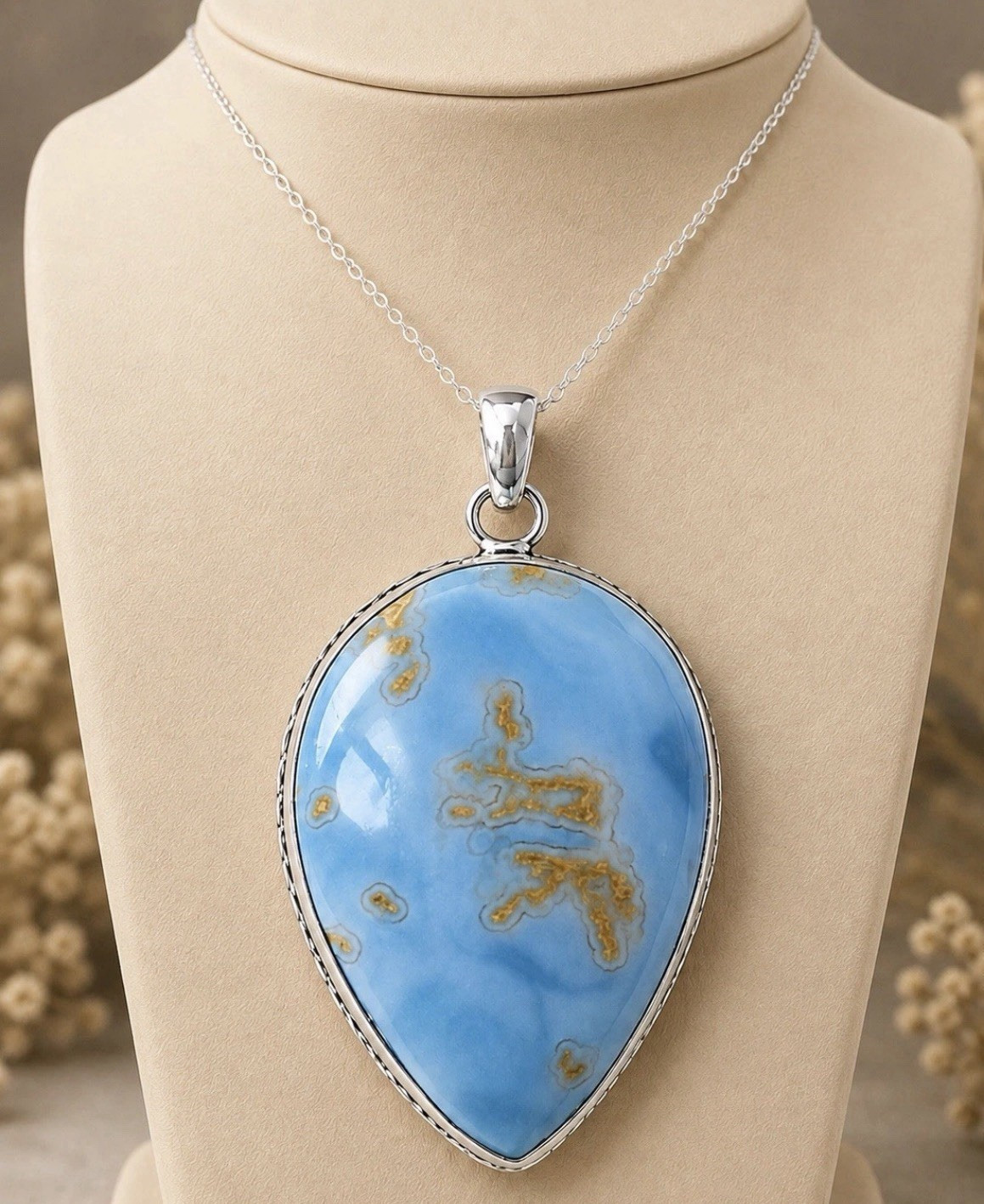 Blue Pear Teardrop Stone Silver Metal Bezel Pendant Necklace with Cable Chain