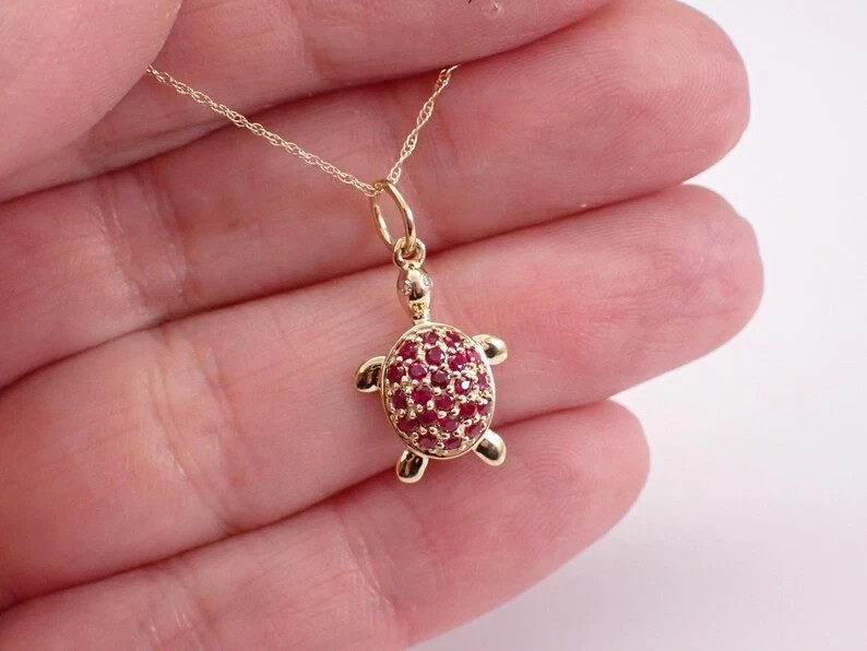 0.80Ct Round Cut Lab-Created Red Ruby Turtle Pendant 14K Yellow Gold Plated