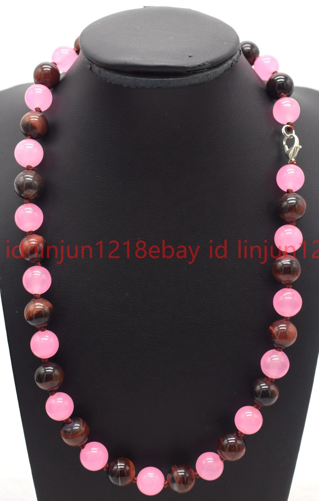 Natural 10mm Pink Crystal and Red Tiger Eye Round Gemstone Bead Necklace 16-32in