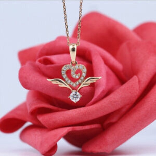 1Ct Round Cut Diamond Heart Angel Wing Pendant 14K Yellow Gold Finish Free chain