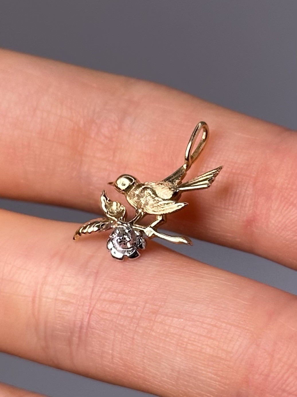 10K Two-Tone Gold Bird on Branch Pendant Floral Nature Charm