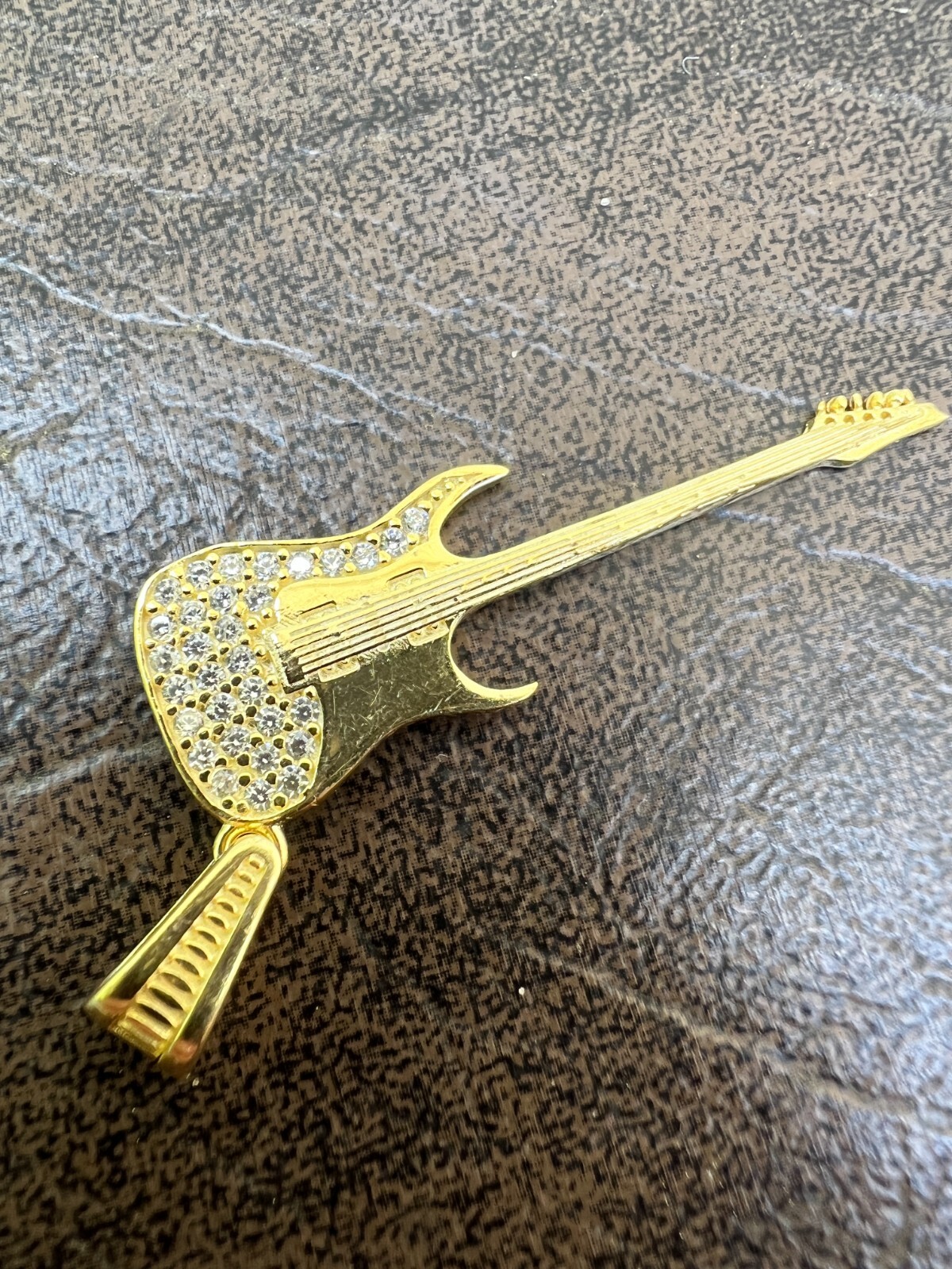 Real 925 Silver / 14k Gold Plated Electric Guitar Rockstar Pendant Necklace CZ