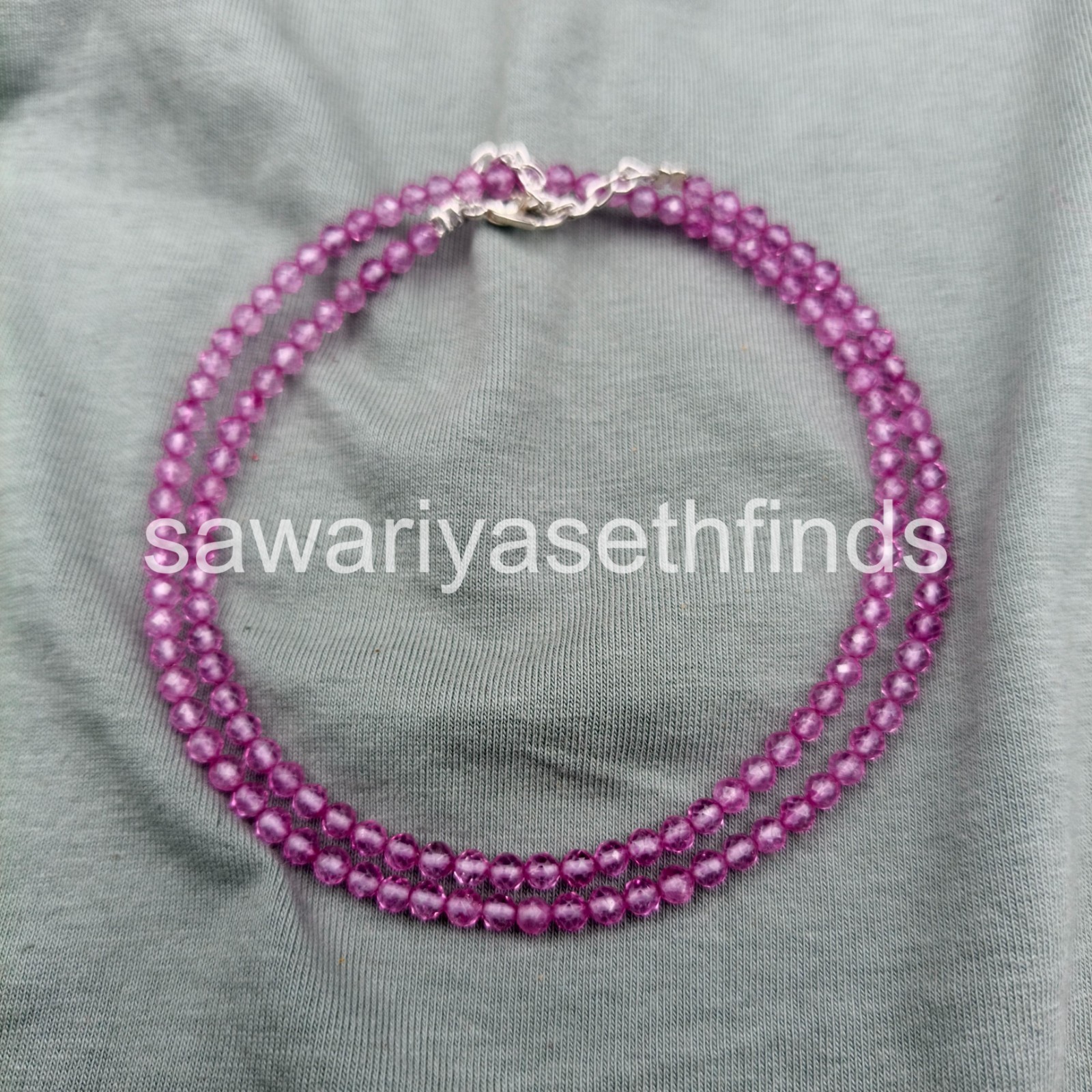 Pink Topaz 3mm Faceted Round Beaded Necklace, Sterling Silver Clasp, Minimal Lay