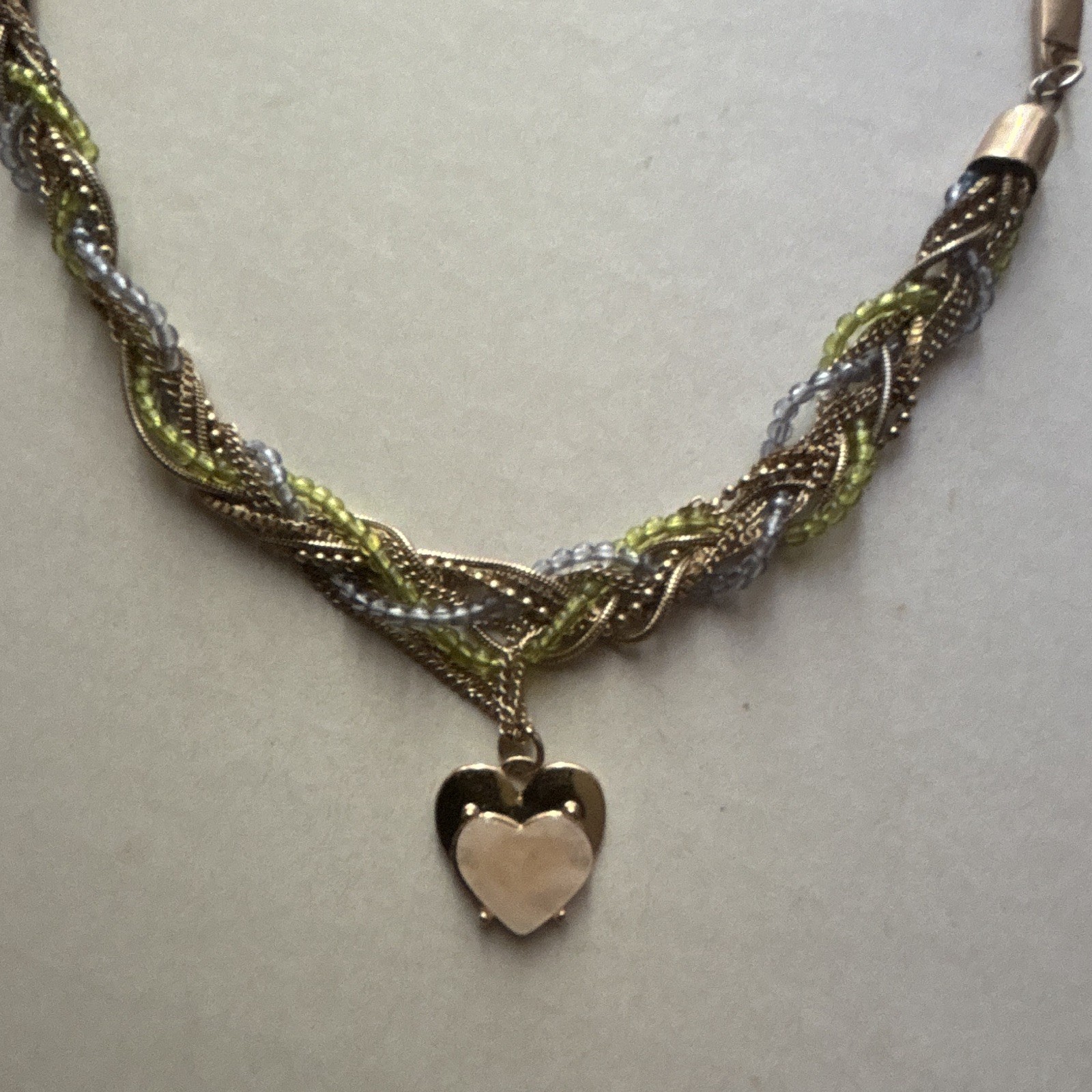 VTG Multicolor Mixed Gold tone braided Chain Necklace Heart Charm Adjust. 16in