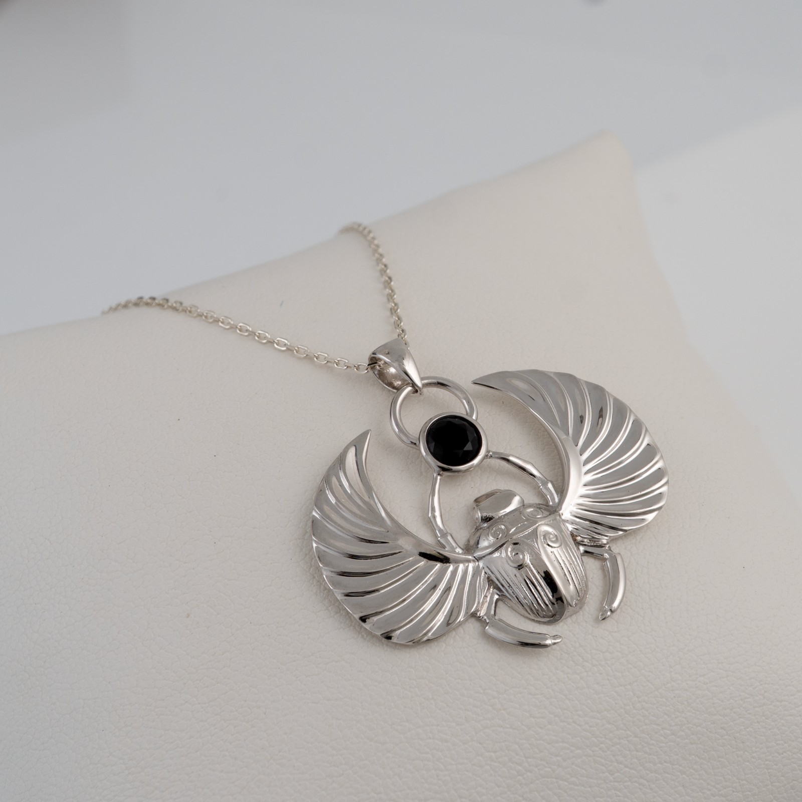 Scarab Necklace Sterling Silver Winged Scarab Black Onyx Egyptian Hallmarked
