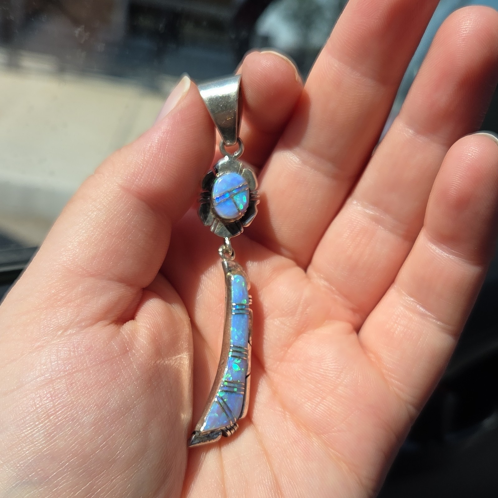 925 Sterling Silver Blue Opal Inlay Pendant, Silver Tone, Gemstone Jewelry
