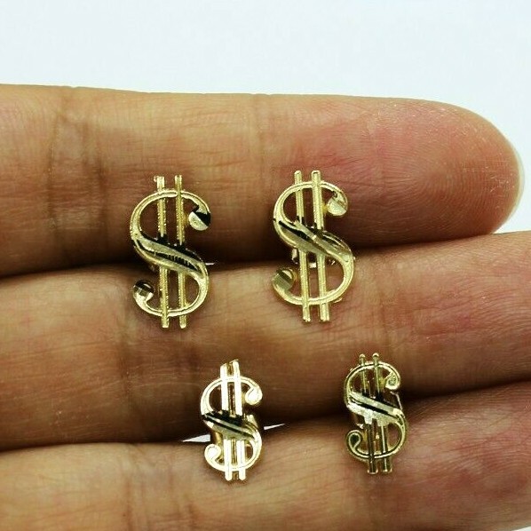 10K Solid Yellow Gold Dollar $ Sign Money Stud Earring Push Back 2 Size