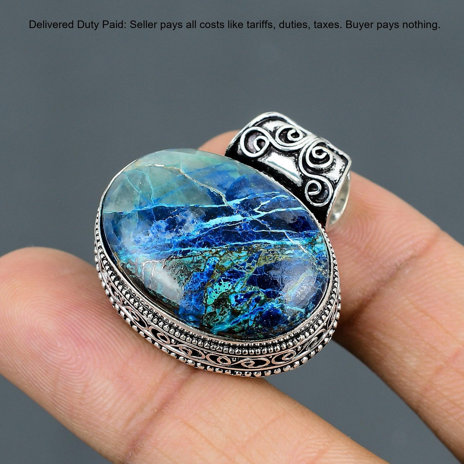925 Sterling Silver Azurite Malachite Gemstone Unique Vintage Engagement Pendant