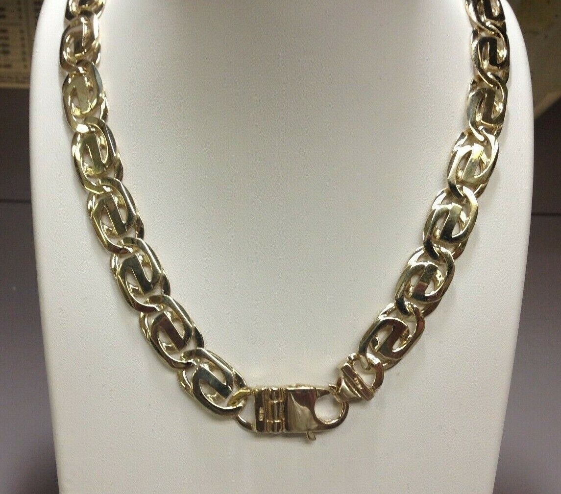 10k Solid Yellow Gold Handmade 13mm Tiger Eye Link Necklace, 30″