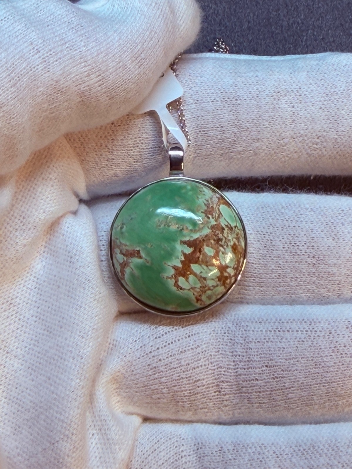 PINCTORE Sterling Silver 24mm Round Variscite Pendant w/ Cable Chain 18in – 21in
