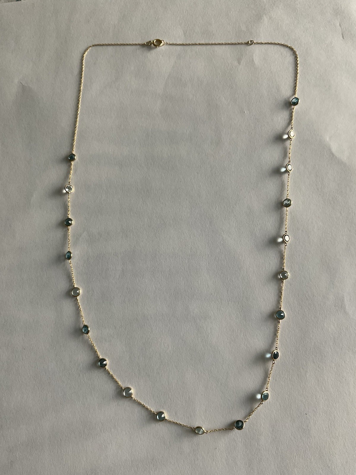 14K Yellow Gold Gemstone Necklace With Round Shape Blue Topaz Stations 20-22 In.