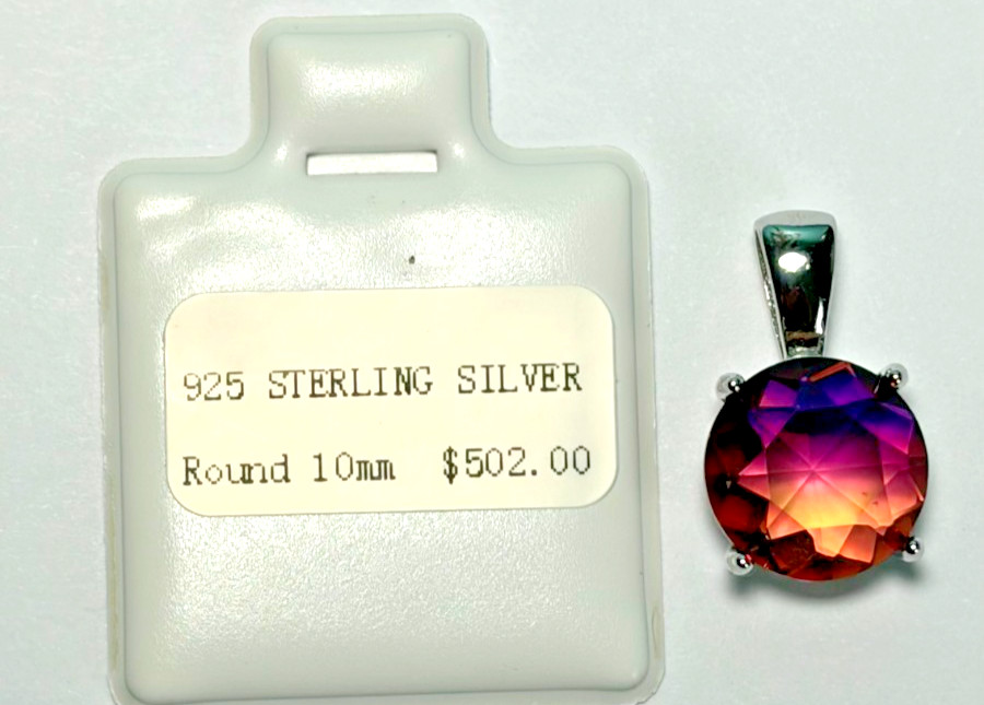 925 Sterling Silver Tricolor Tourmaline Gemstone Round 10mm, 3.1 ct Pendant