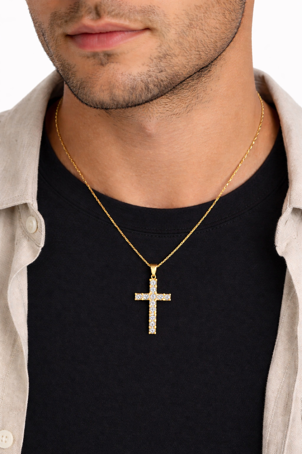 Italian 1/200 14k Yellow Gold CZ Cross Pendant Necklace Catholic Religious