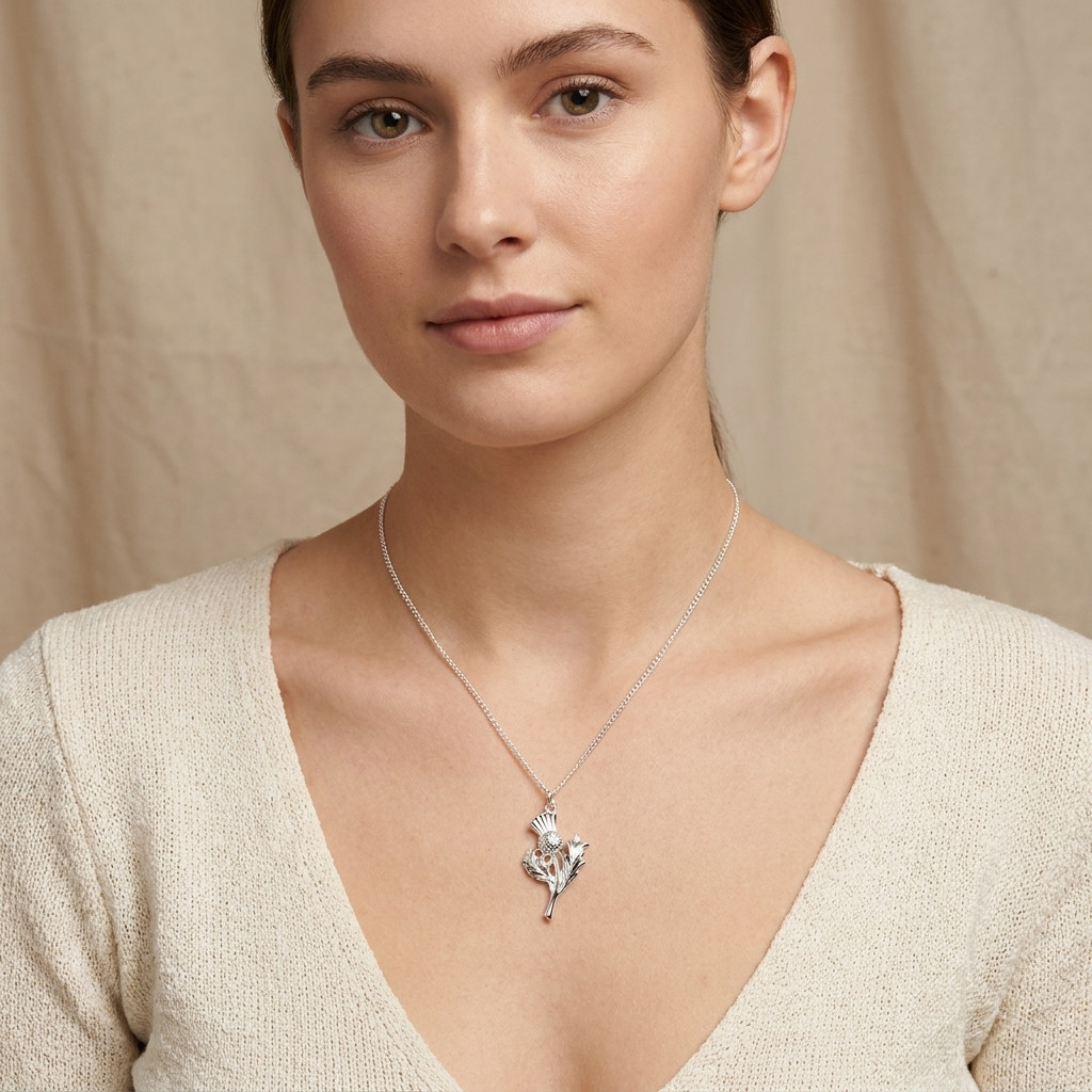 Sterling Silver Thistle Pendant with 18″ Silver Chain & Gift Box