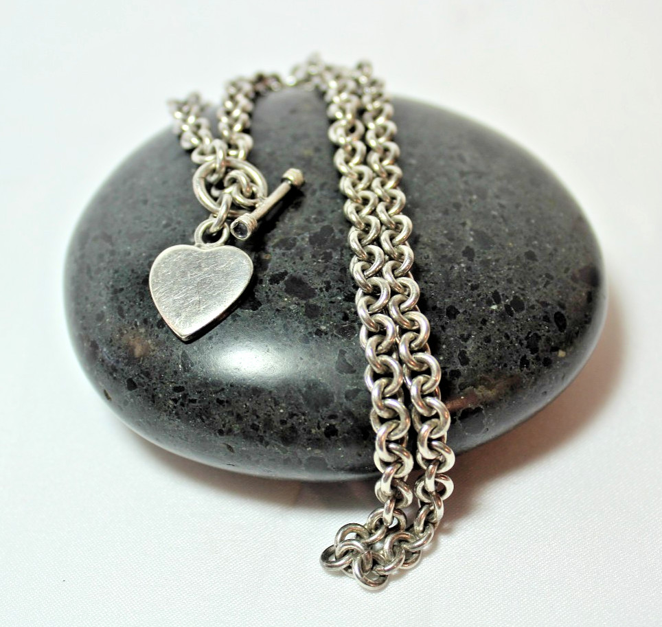 925 Sterling Silver Heart Tag Toggle Necklace Very Heavy Statement 35.4g