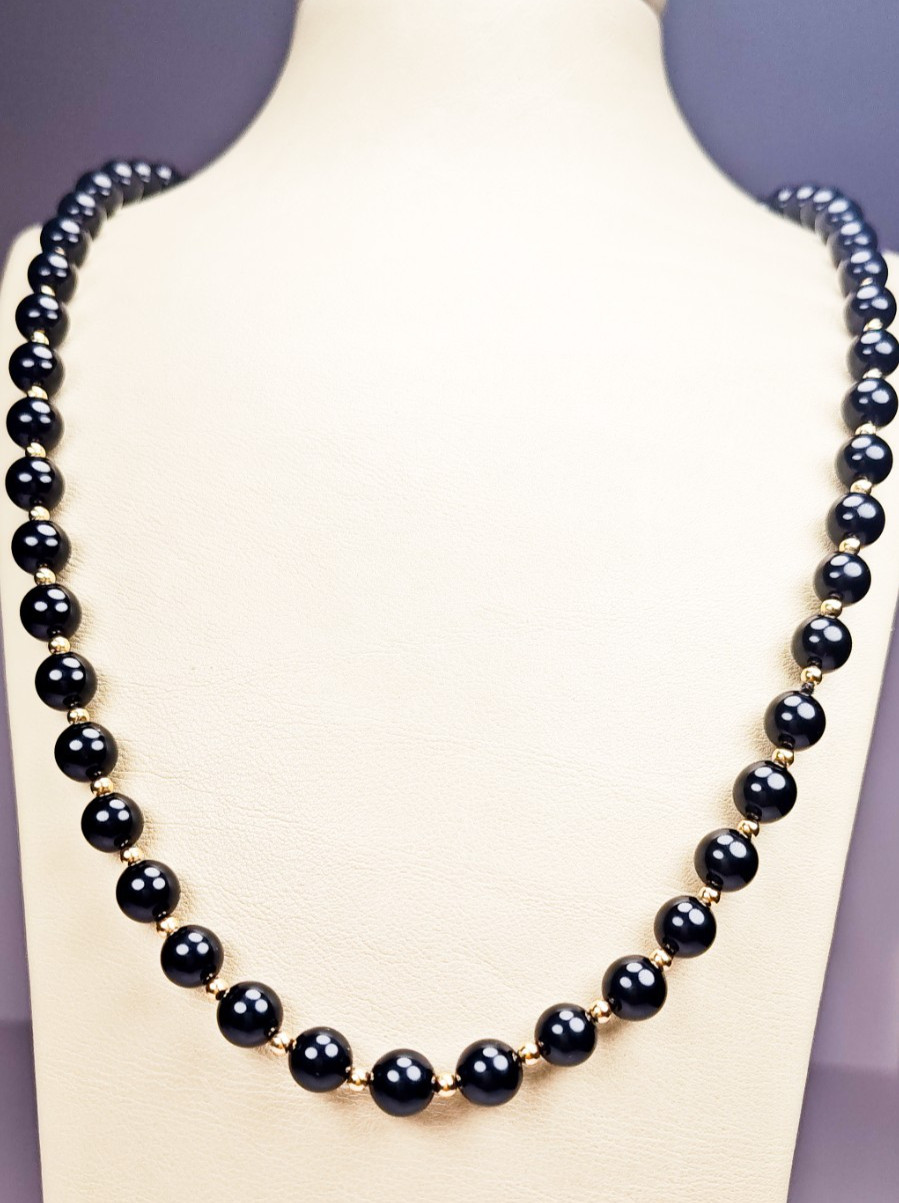 14K Yellow Gold Black Onyx Beaded Ball Necklace 29″ Long Estate 52.23g Vintage
