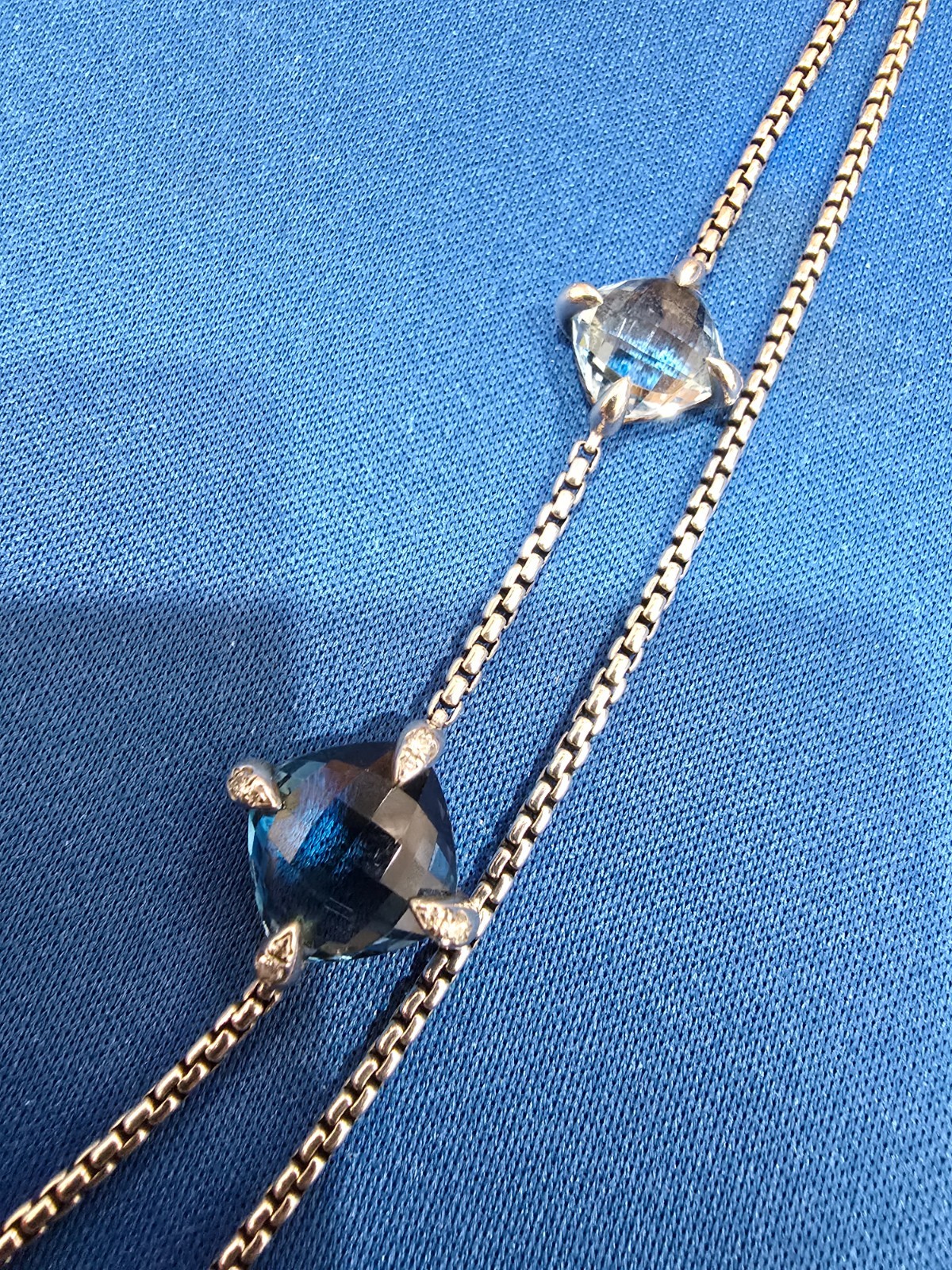 Sterling Silver David Yurman Chatelaine Blue Topaz and Diamond Station Necklace