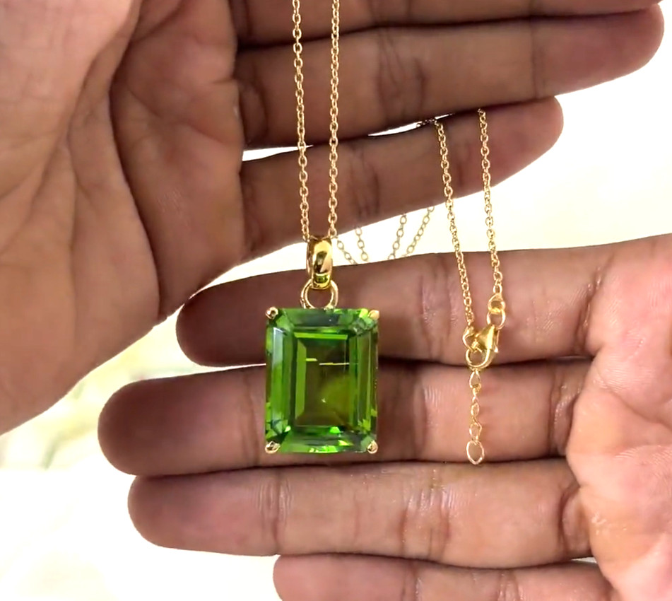 Large Green Peridot Necklace Gold Plated Peridot Pendant Sterling Silver Jewelry